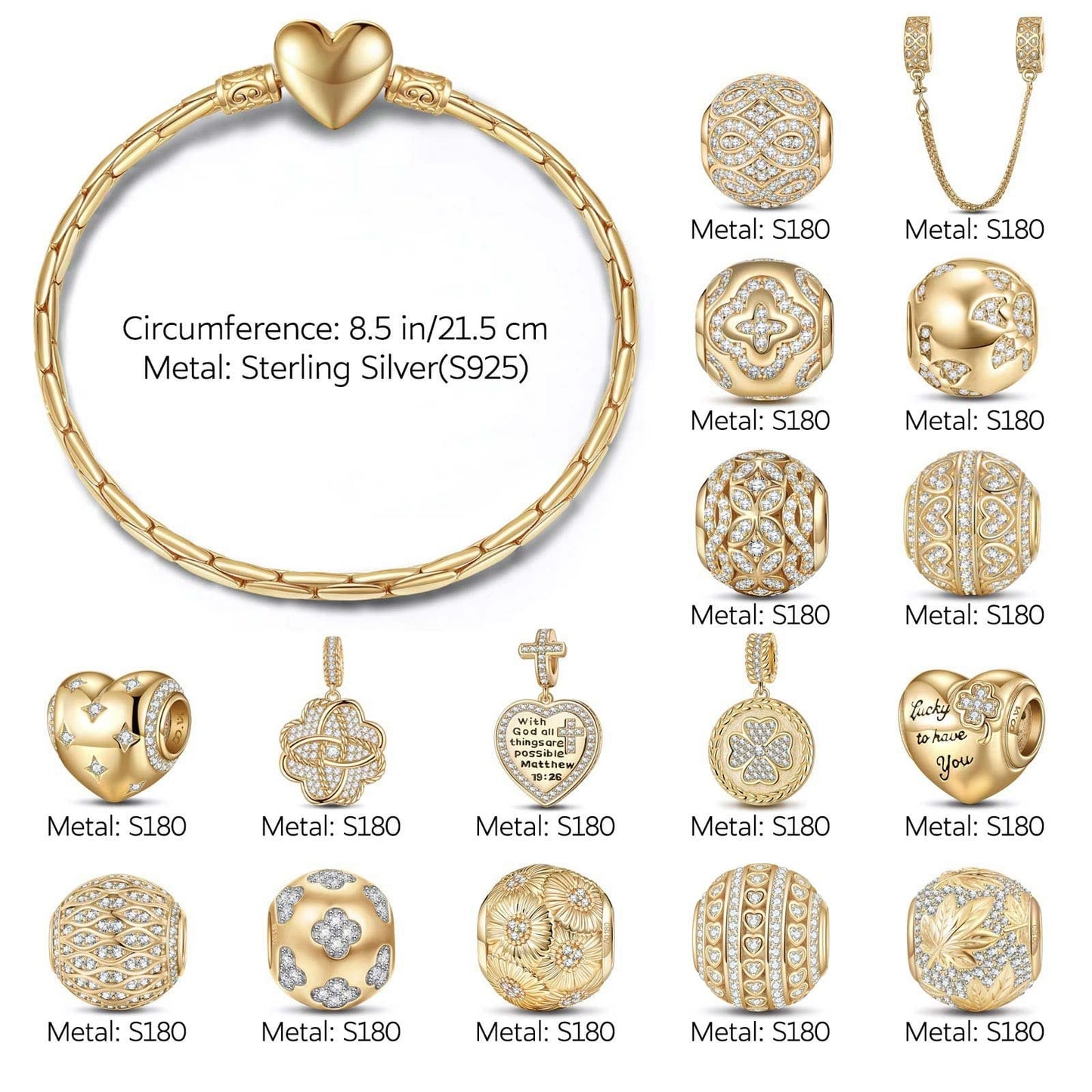 Sterling Silver Secret Garden Charms Bracelet Set In 14K Gold Plated