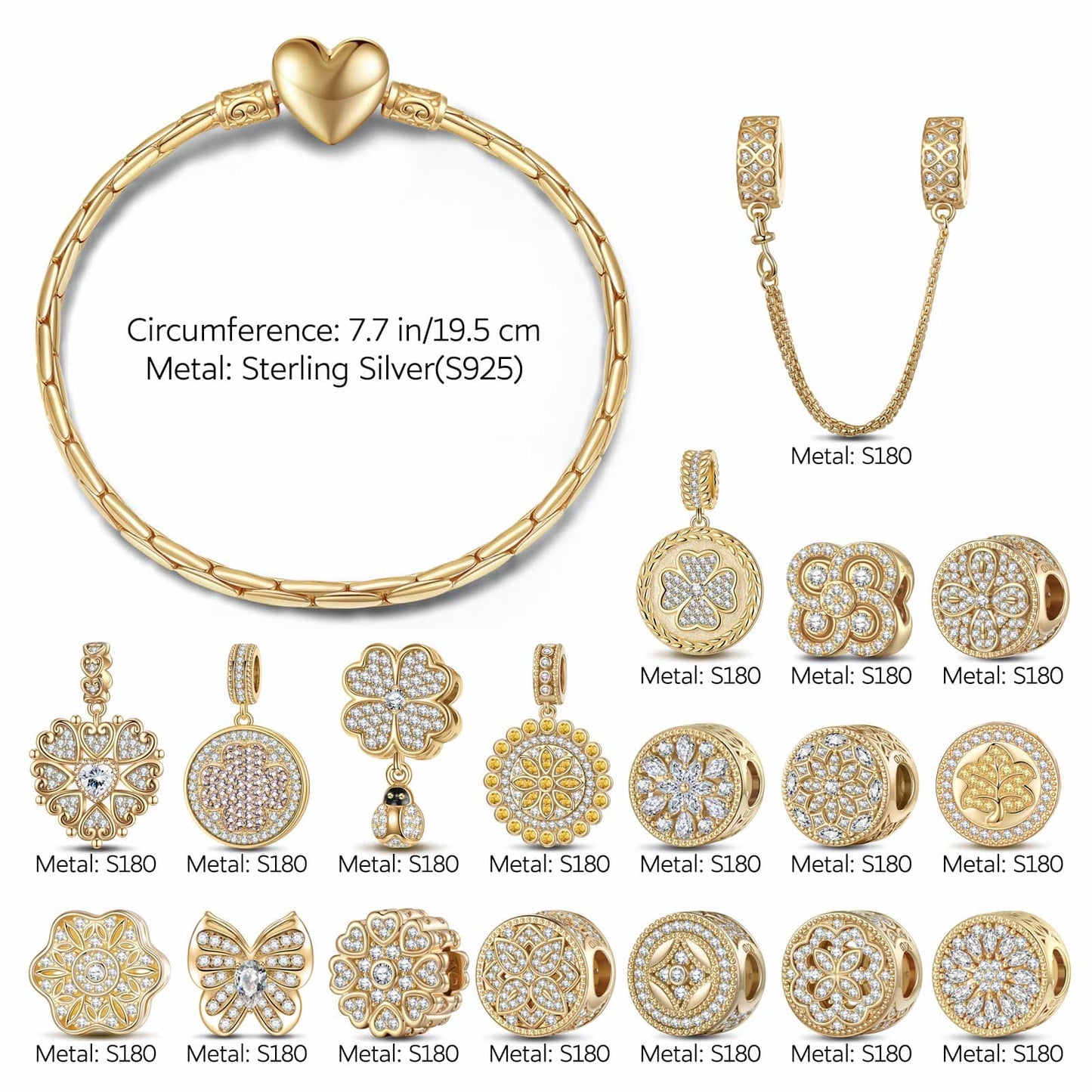 Sterling Silver Versailles Gardens Charms Bracelet Set With Enamel In 14K Gold Plated