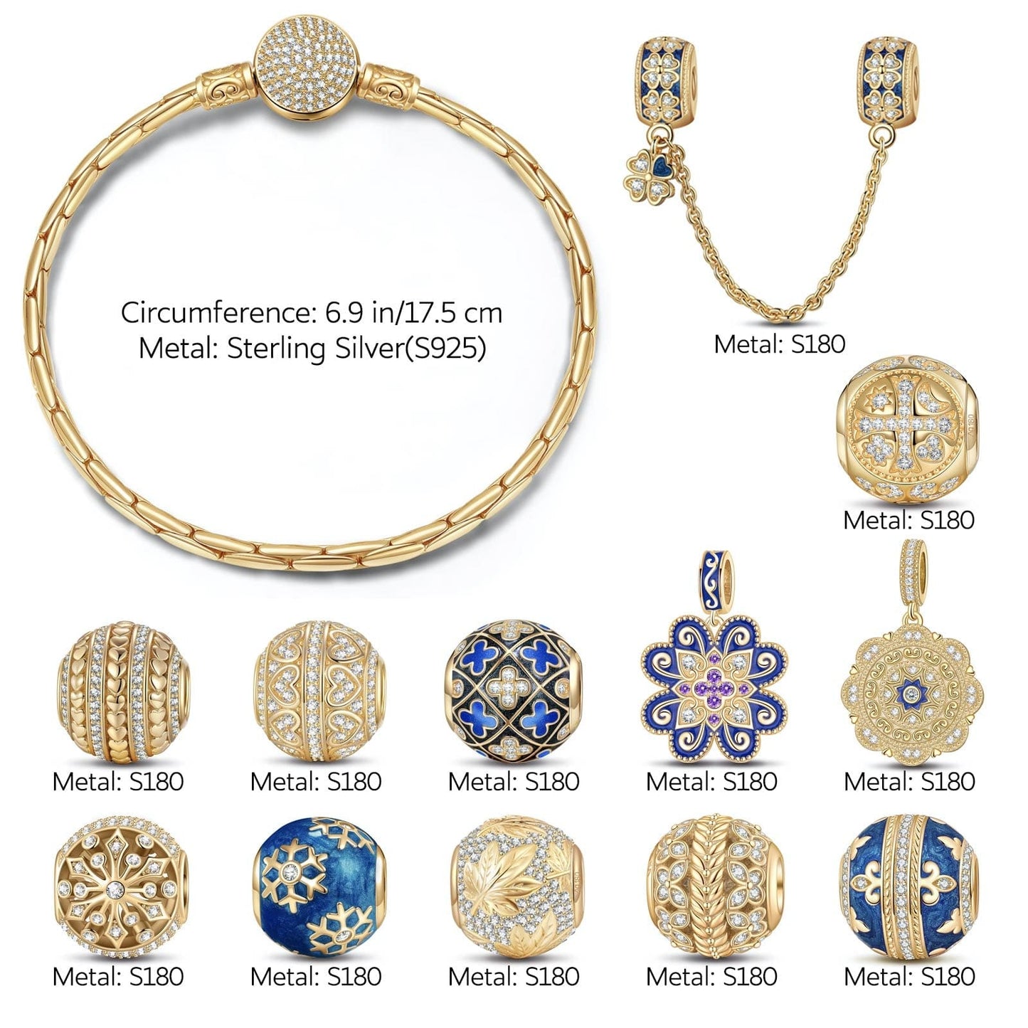 Sterling Silver Ice and Blue Charms Bracelet Set With Enamel In 14K Gold Plated