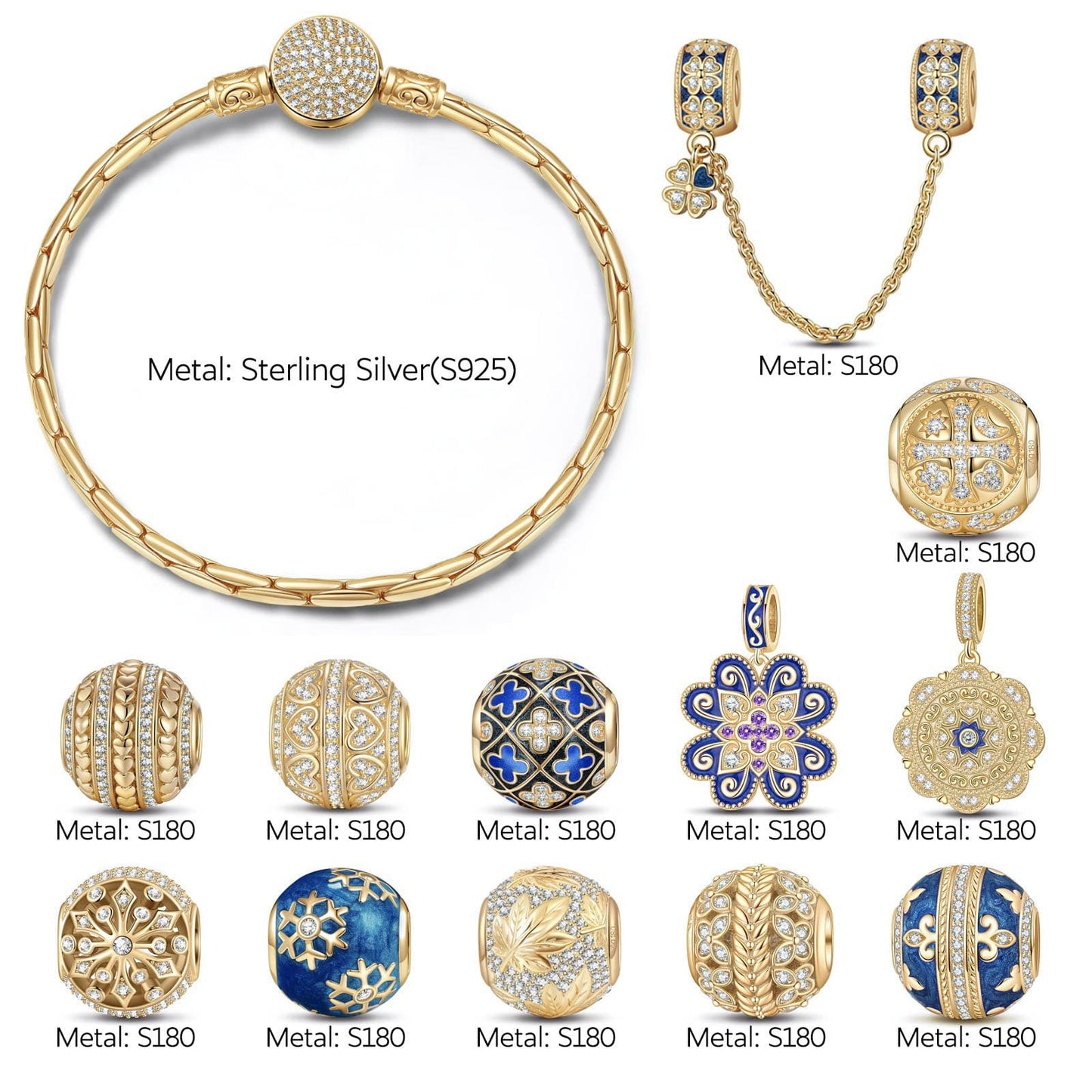 Sterling Silver Ice and Blue Charms Bracelet Set With Enamel In 14K Gold Plated (Includes bracelet and all charms shown)
