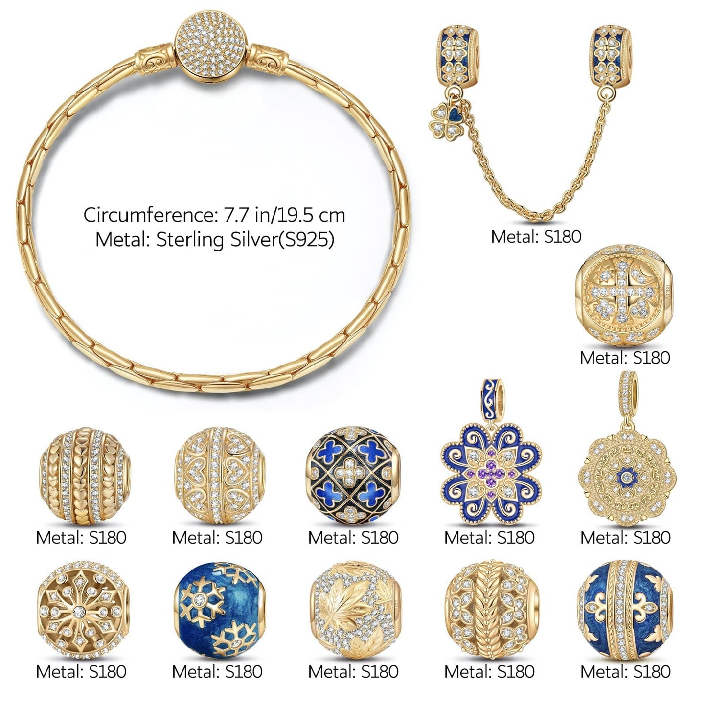 Sterling Silver Ice and Blue Charms Bracelet Set With Enamel In 14K Gold Plated (Includes bracelet and all charms shown)