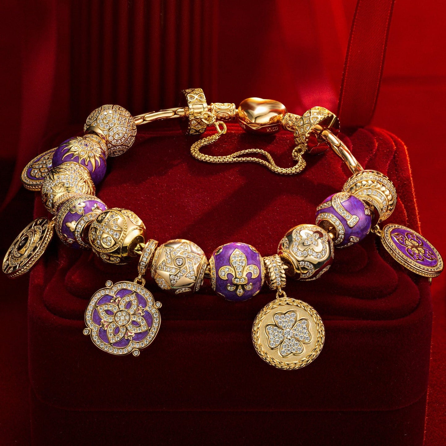 Sterling Silver Purple Romantic Charms Bracelet Set With Enamel In 14K Gold Plated (Includes bracelet and all charms shown)