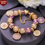 Sterling Silver Purple Romantic Charms Bracelet Set With Enamel In 14K Gold Plated (Includes bracelet and all charms shown)