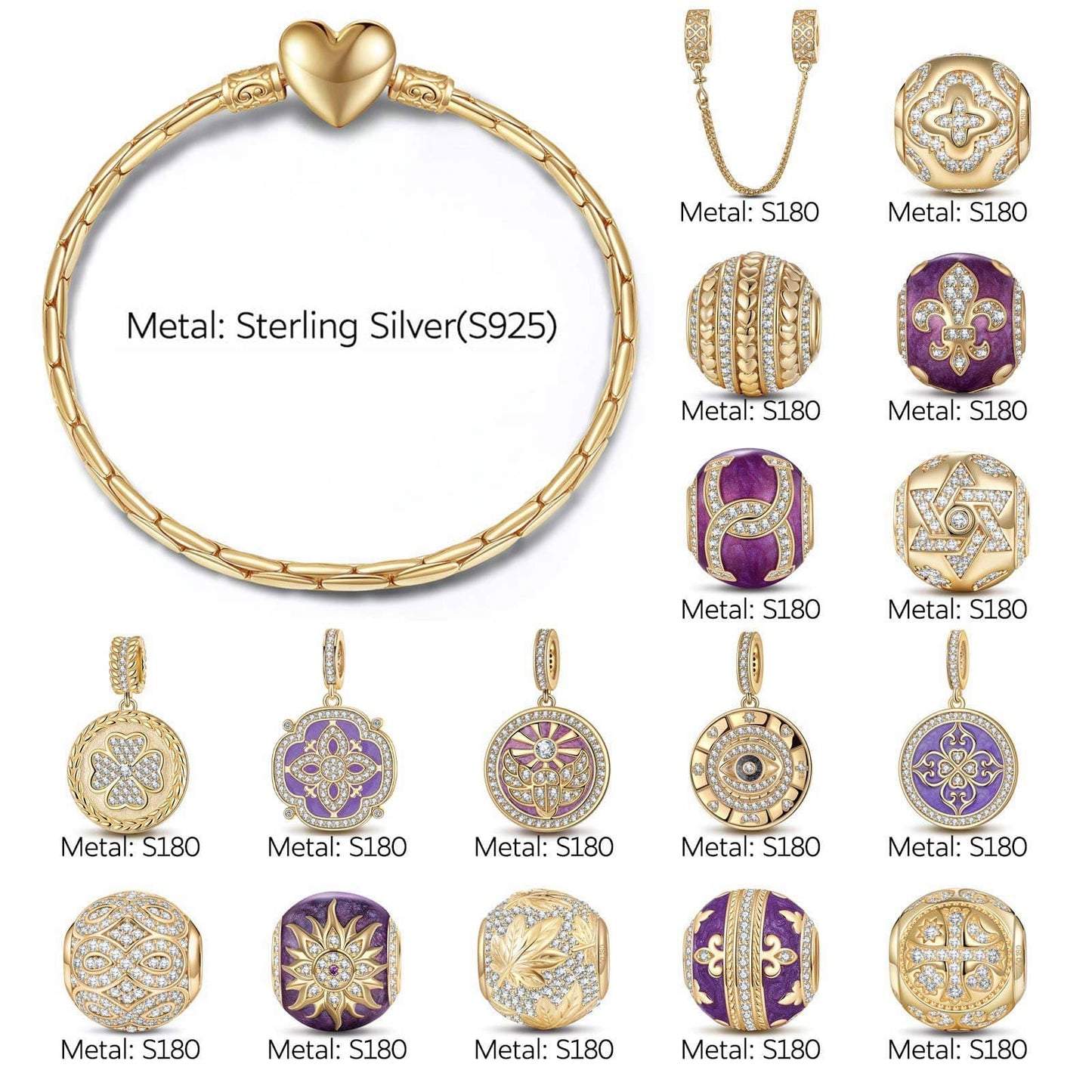 Sterling Silver Purple Romantic Charms Bracelet Set With Enamel In 14K Gold Plated (Includes bracelet and all charms shown)