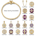 Sterling Silver Purple Romantic Charms Bracelet Set With Enamel In 14K Gold Plated (Includes bracelet and all charms shown)