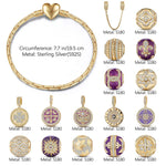 Sterling Silver Purple Romantic Charms Bracelet Set With Enamel In 14K Gold Plated