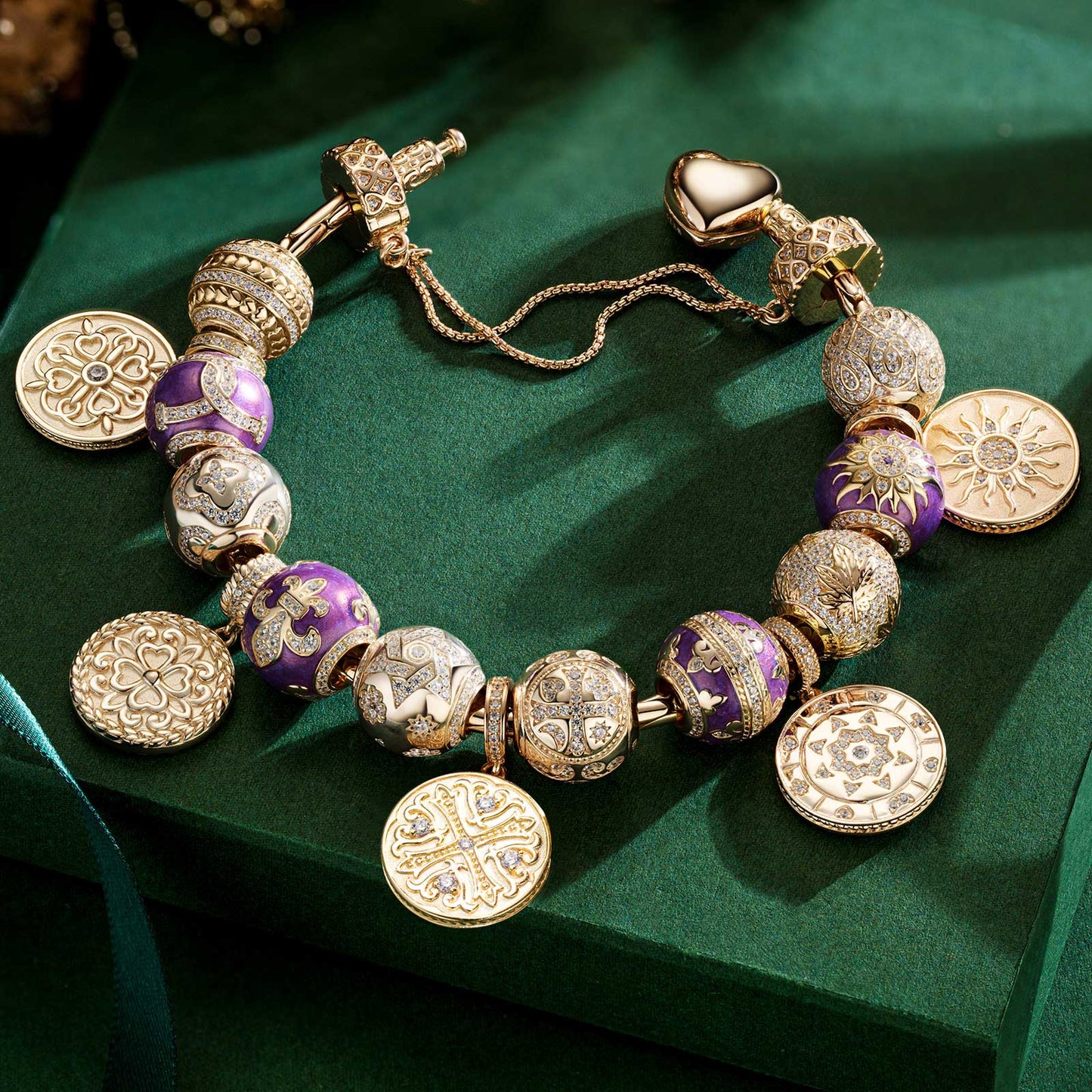 Sterling Silver Purple Romantic Charms Bracelet Set With Enamel In 14K Gold Plated (Includes bracelet and all charms shown)