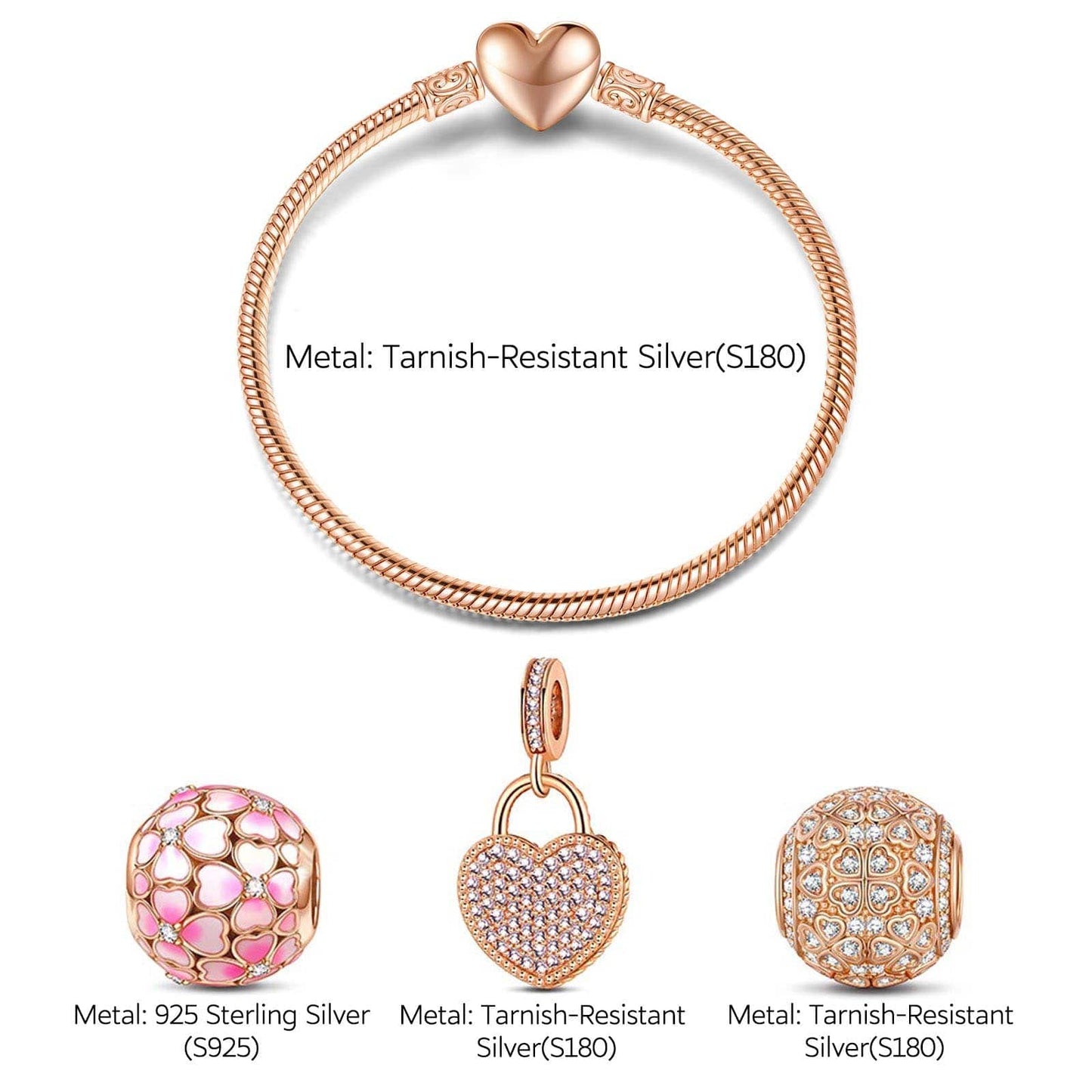 Sterling Silver Passionate Petals Charms Bracelet Set With Enamel In Rose Gold Plated (Includes bracelet and all charms shown)
