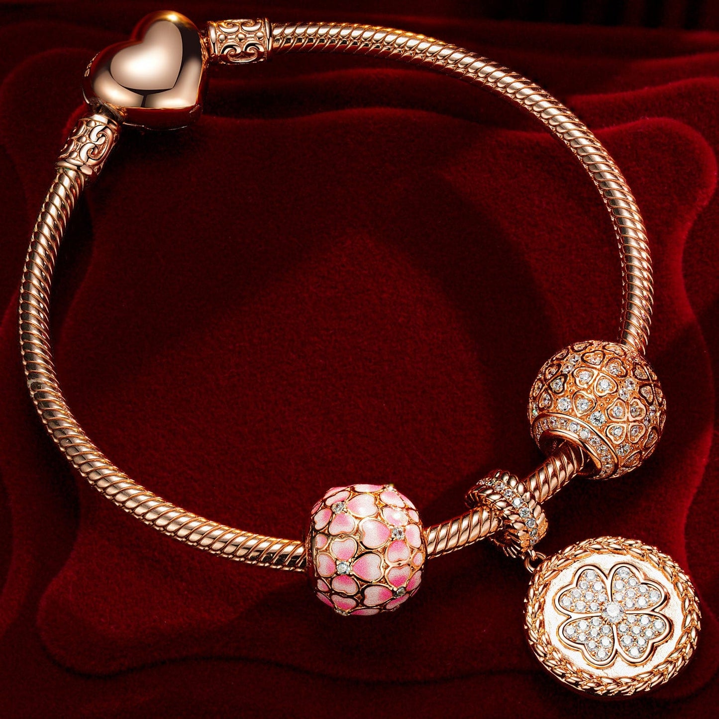 Sterling Silver Passionate Petals Charms Bracelet Set With Enamel In Rose Gold Plated (Includes bracelet and all charms shown)