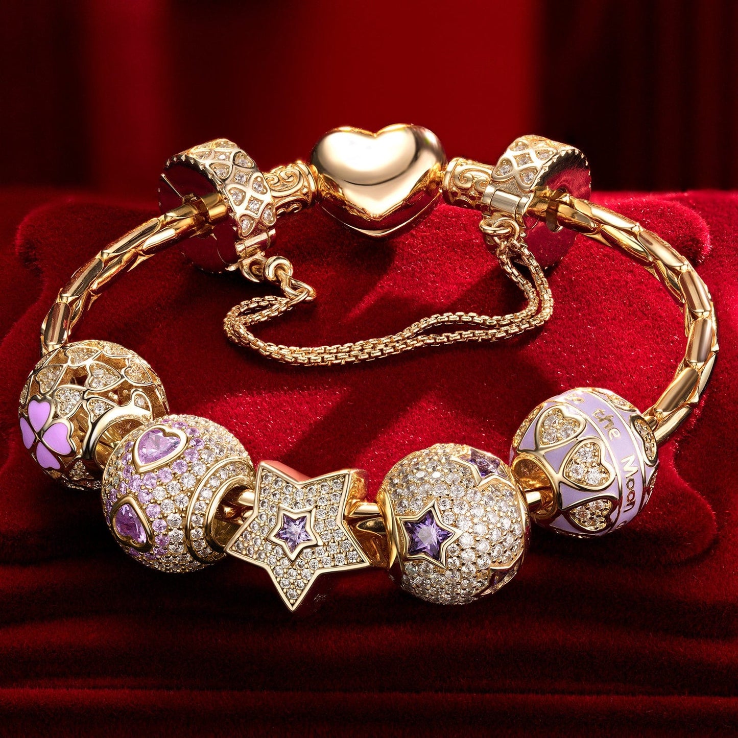 Sterling Silver Amethyst Romance Charms Bracelet Set With Enamel In 14K Gold Plated (Includes bracelet and all charms shown)