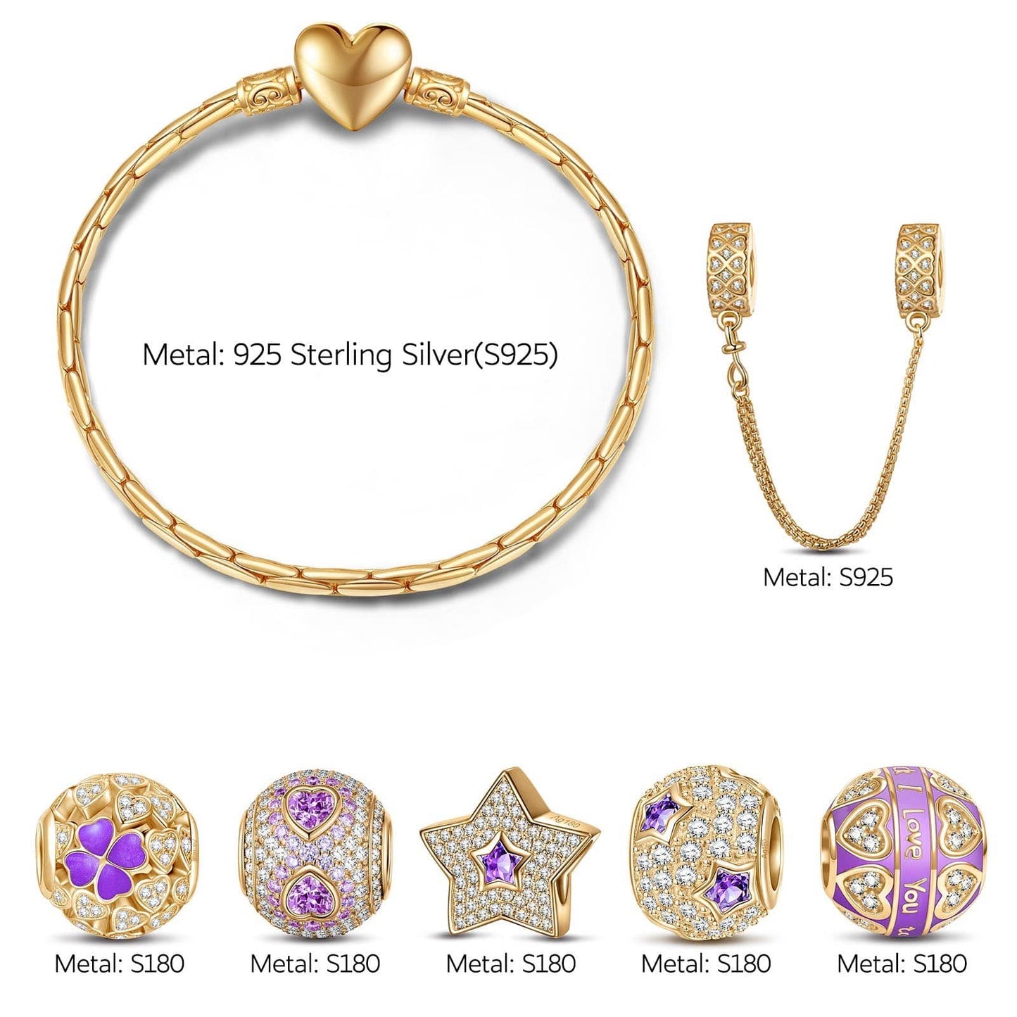 Sterling Silver Amethyst Romance Charms Bracelet Set With Enamel In 14K Gold Plated (Includes bracelet and all charms shown)