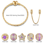 Sterling Silver Amethyst Romance Charms Bracelet Set With Enamel In 14K Gold Plated (Includes bracelet and all charms shown)