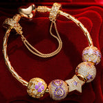Sterling Silver Amethyst Romance Charms Bracelet Set With Enamel In 14K Gold Plated
