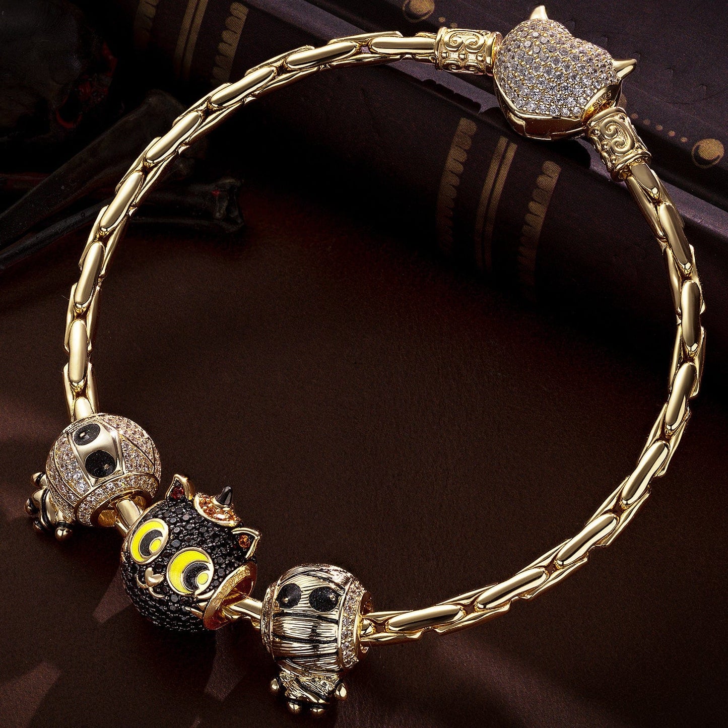 Sterling Silver Cute Mummy and Cat Charms Bracelet Set With Enamel In 14K Gold Plated (Includes bracelet and all charms shown)