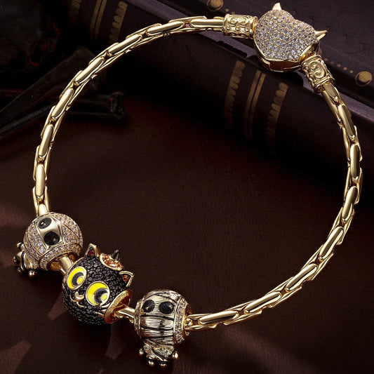 gona- Sterling Silver Cute Mummy and Cat Charms Bracelet Set With Enamel In 14K Gold Plated (Includes bracelet and all charms shown)