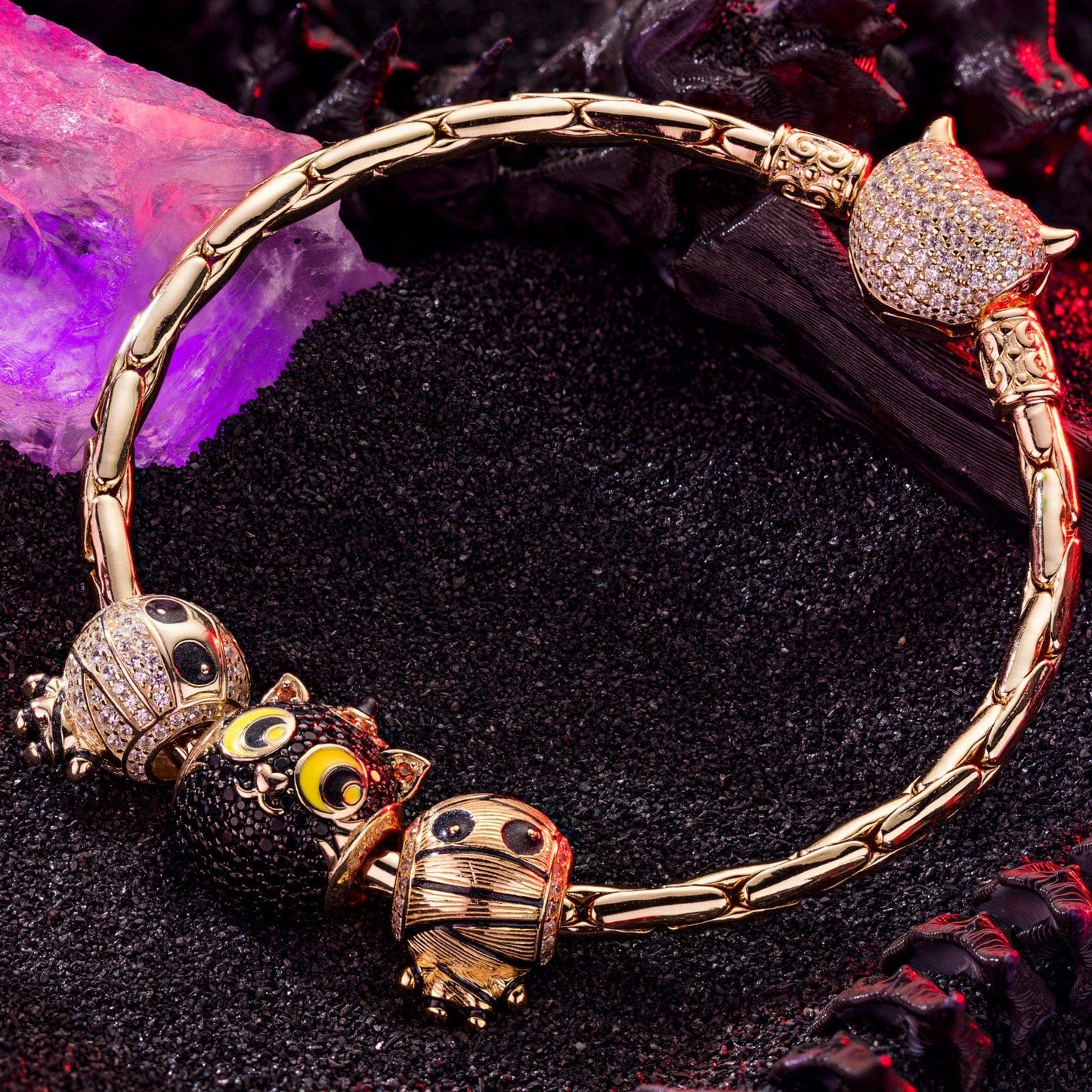 Sterling Silver Cute Mummy and Cat Charms Bracelet Set With Enamel In 14K Gold Plated (Includes bracelet and all charms shown)