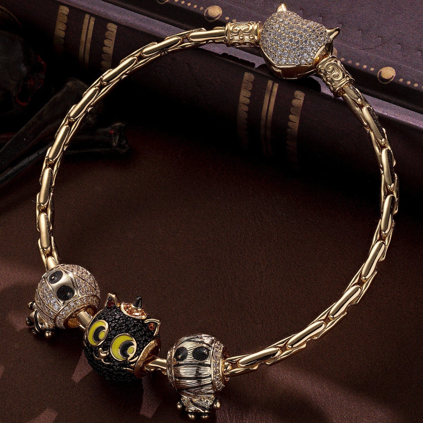 Sterling Silver Cute Mummy and Cat Charms Bracelet Set With Enamel In 14K Gold Plated (Includes bracelet and all charms shown)