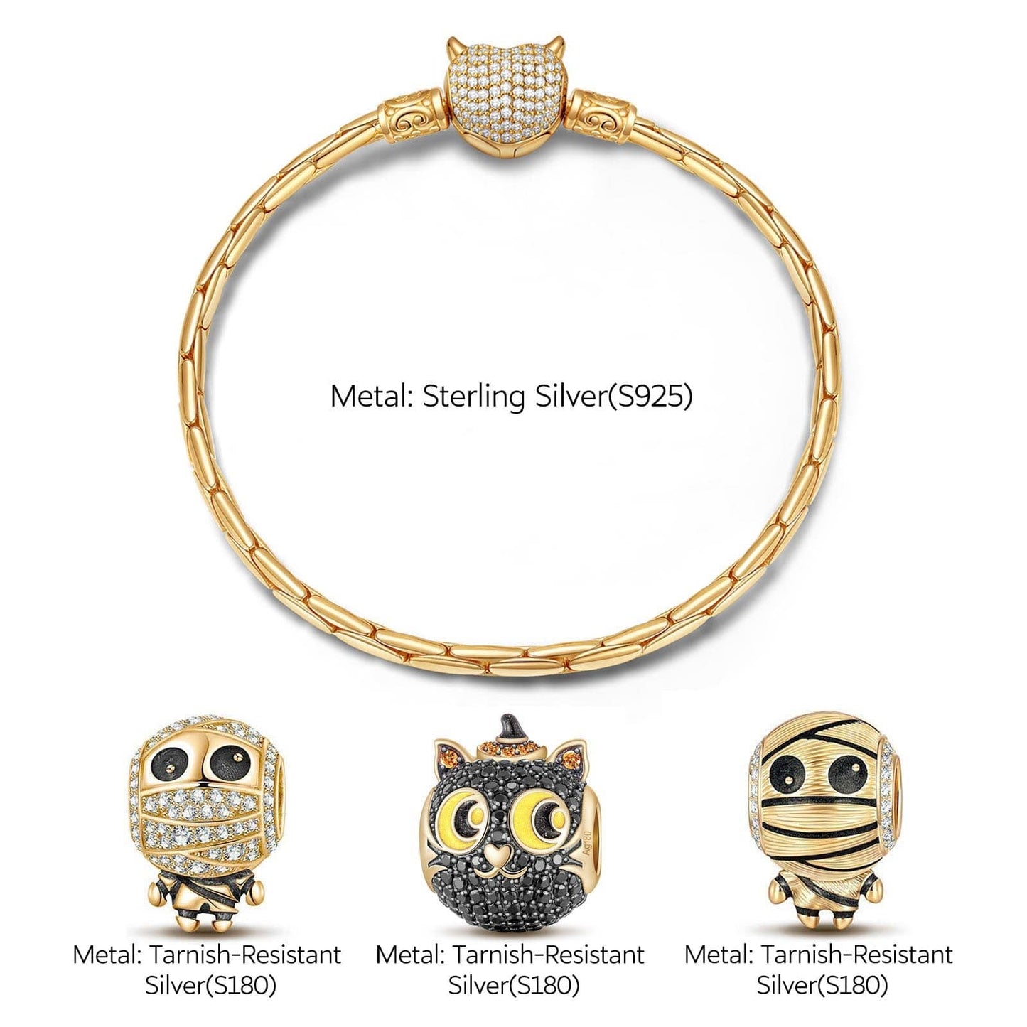 Sterling Silver Cute Mummy and Cat Charms Bracelet Set With Enamel In 14K Gold Plated (Includes bracelet and all charms shown)