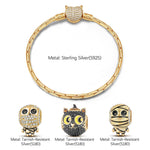 Sterling Silver Cute Mummy and Cat Charms Bracelet Set With Enamel In 14K Gold Plated (Includes bracelet and all charms shown)