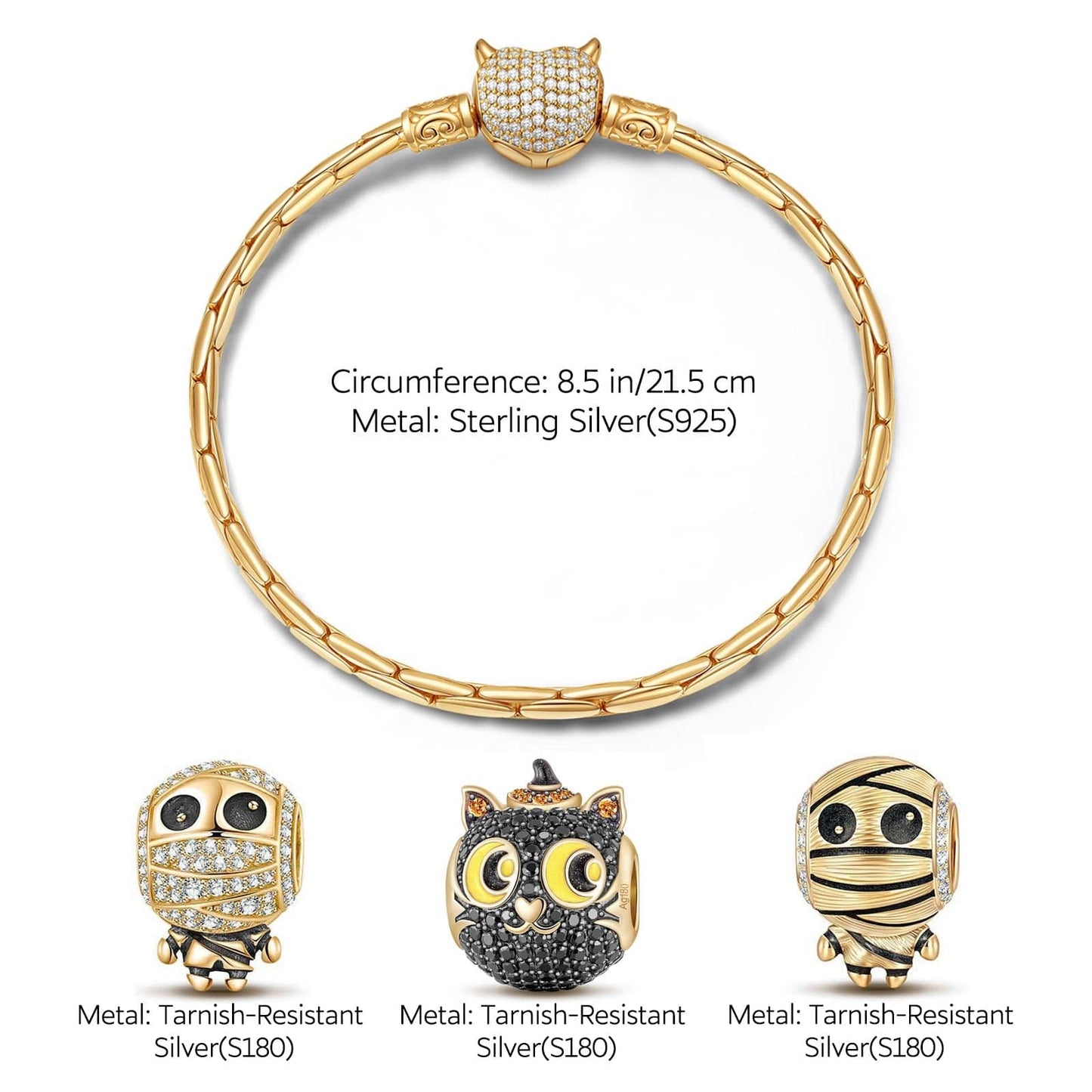 Sterling Silver Cute Mummy and Cat Charms Bracelet Set With Enamel In 14K Gold Plated