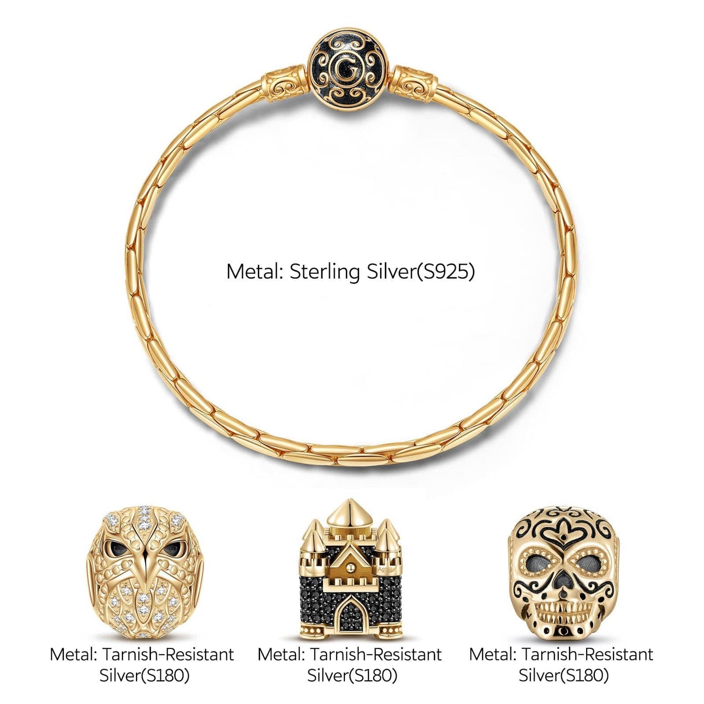 Sterling Silver the Evil Castle Charms Bracelet Set With Enamel In 14K Gold Plated (Includes bracelet and all charms shown)