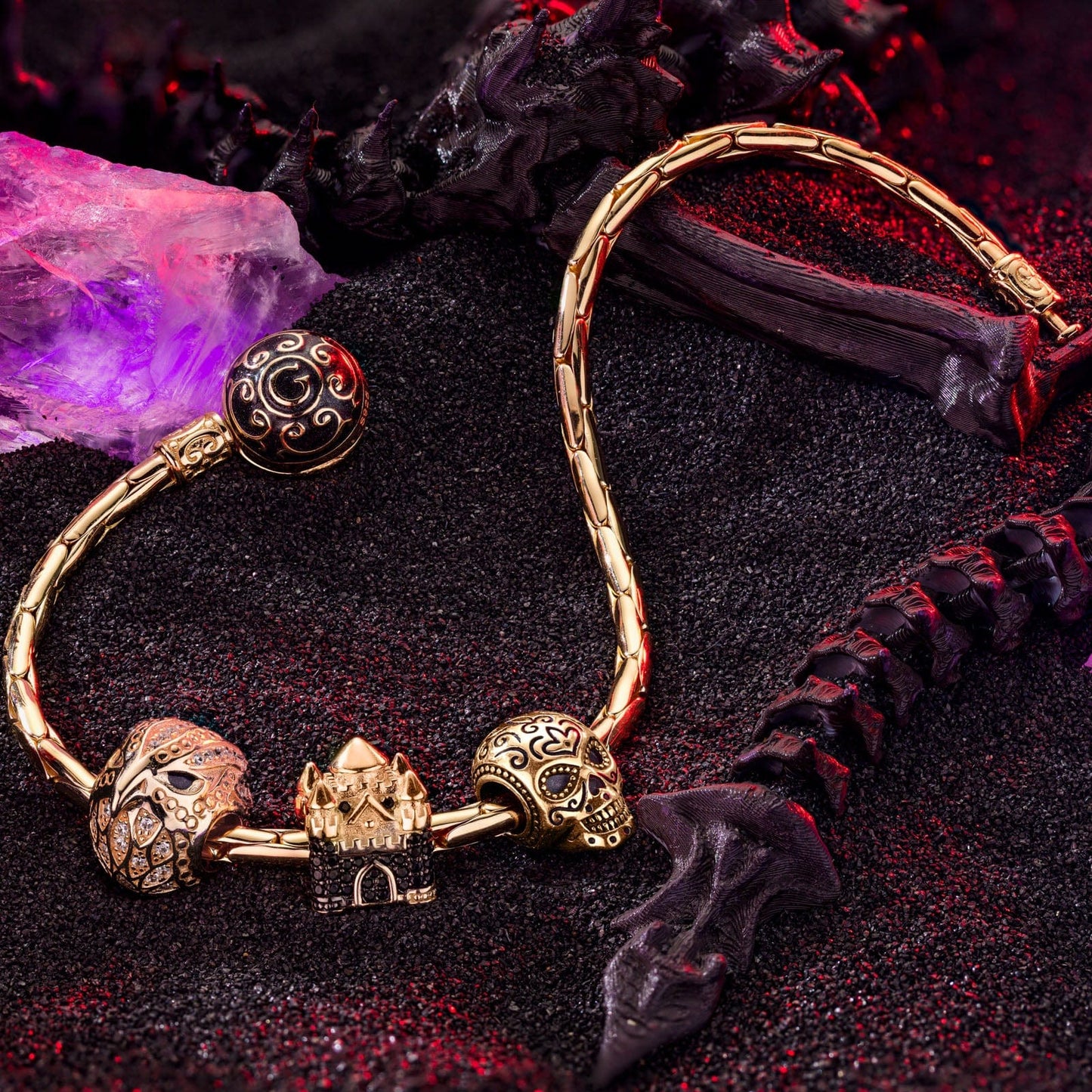 Sterling Silver the Evil Castle Charms Bracelet Set With Enamel In 14K Gold Plated (Includes bracelet and all charms shown)
