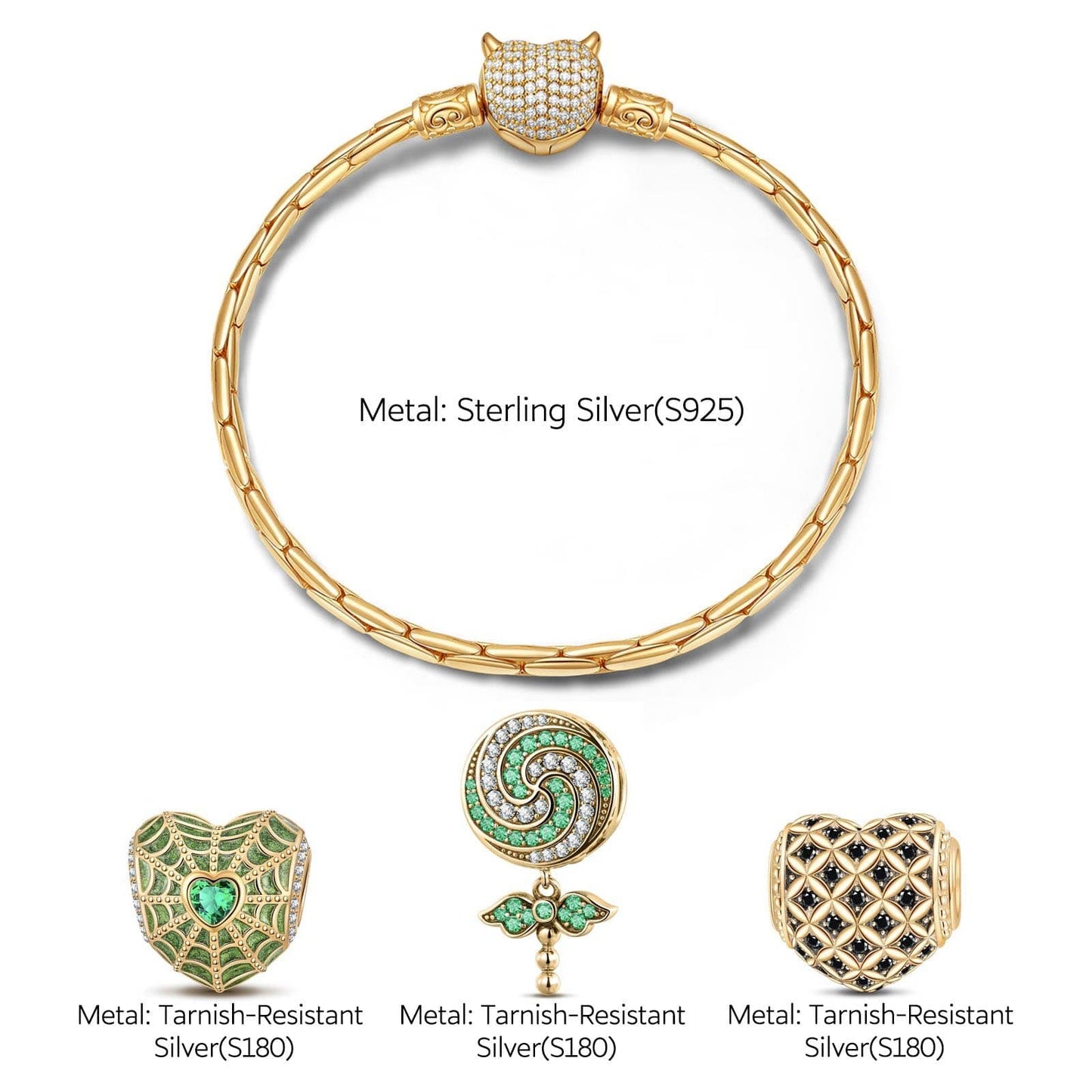 Sterling Silver Candy Trap Charms Bracelet Set With Enamel In 14K Gold Plated (Includes bracelet and all charms shown)