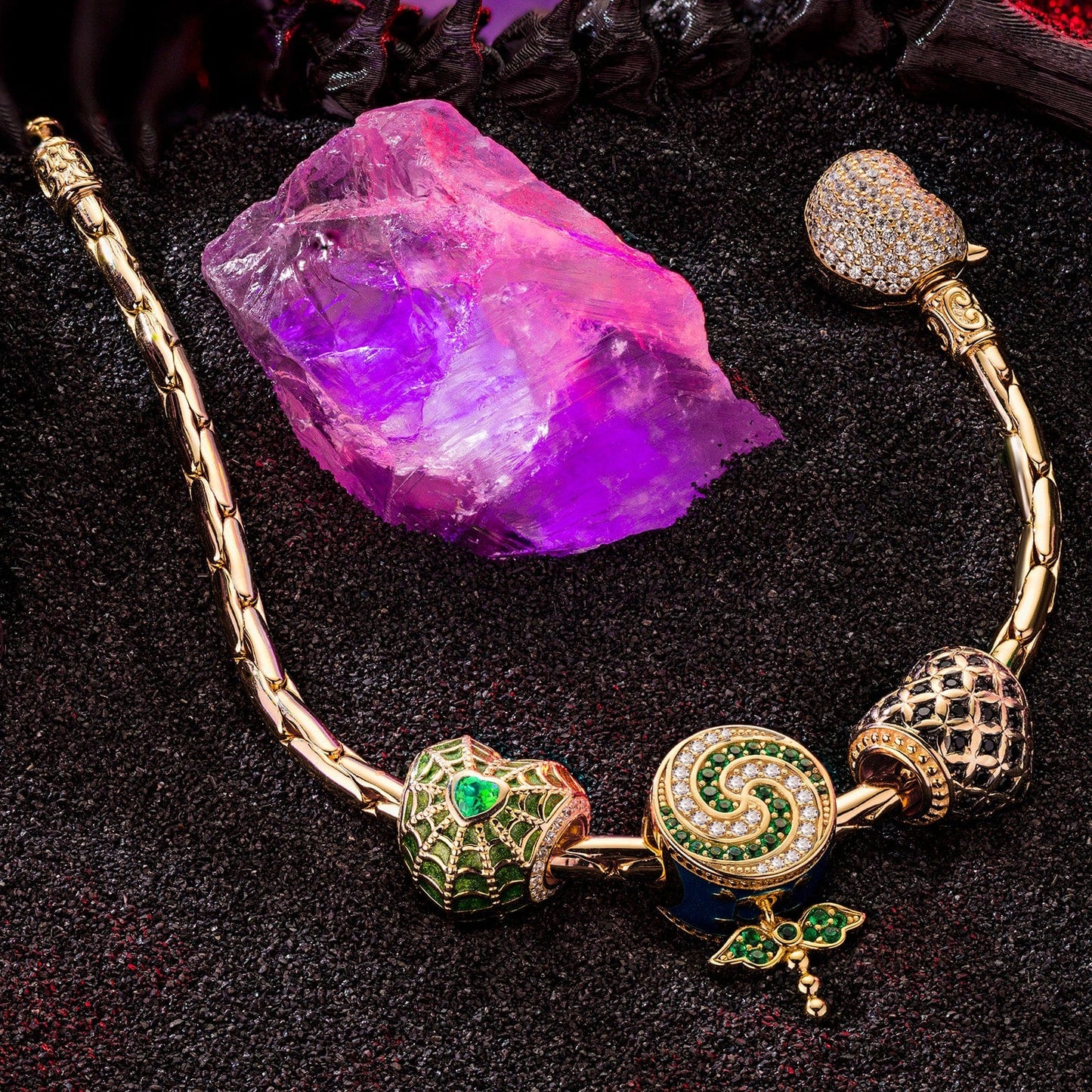 Sterling Silver Candy Trap Charms Bracelet Set With Enamel In 14K Gold Plated (Includes bracelet and all charms shown)
