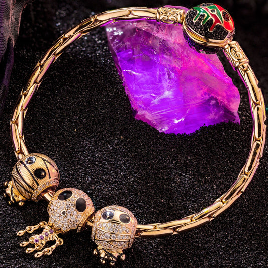 gon- Sterling Silver Mummy and Skeleton Man Charms Bracelet Set With Enamel In 14K Gold Plated