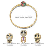 Sterling Silver Mummy and Skeleton Man Charms Bracelet Set With Enamel In 14K Gold Plated (Includes bracelet and all charms shown)