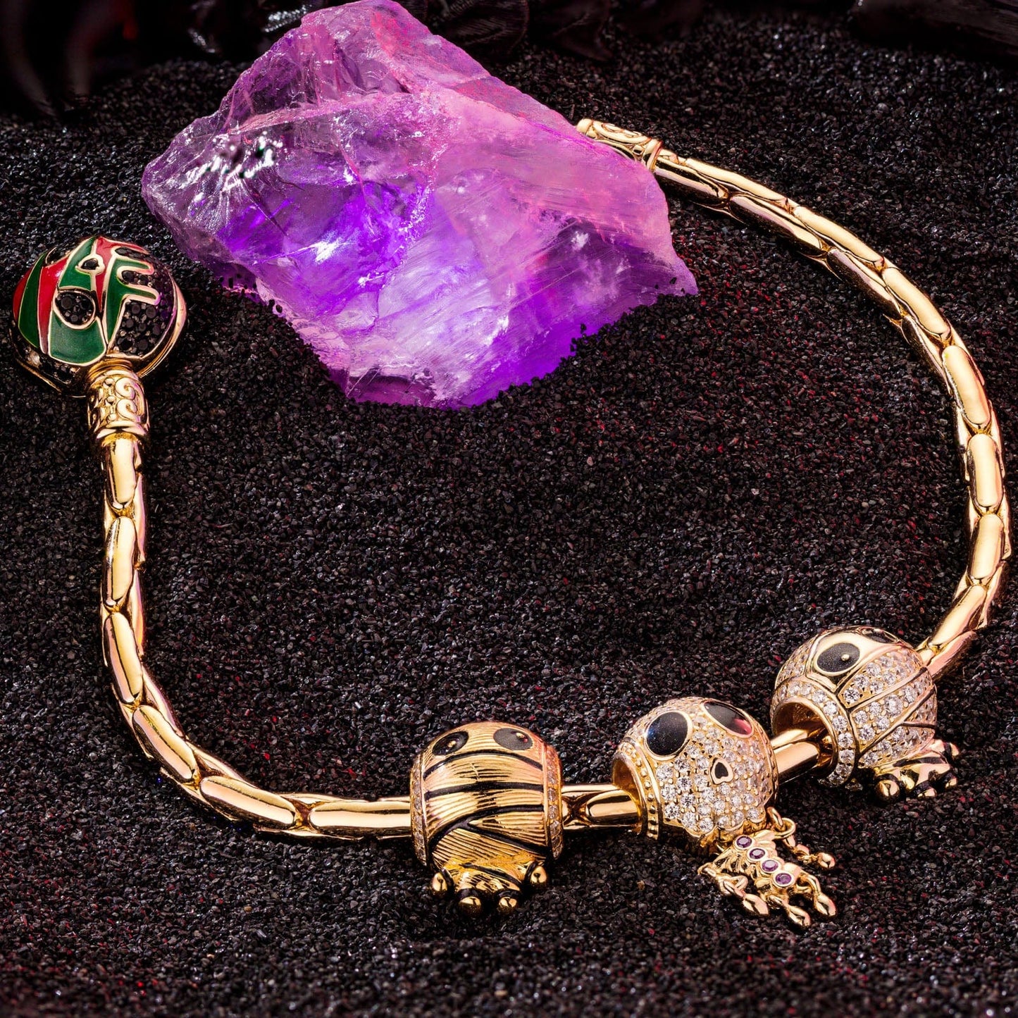 Sterling Silver Mummy and Skeleton Man Charms Bracelet Set With Enamel In 14K Gold Plated (Includes bracelet and all charms shown)