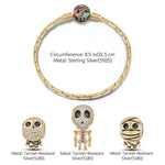Sterling Silver Mummy and Skeleton Man Charms Bracelet Set With Enamel In 14K Gold Plated