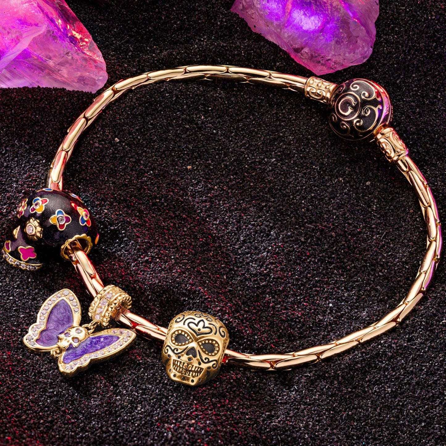 Sterling Silver Butterfly and Skull Charms Bracelet Set With Enamel In 14K Gold Plated (Includes bracelet and all charms shown)