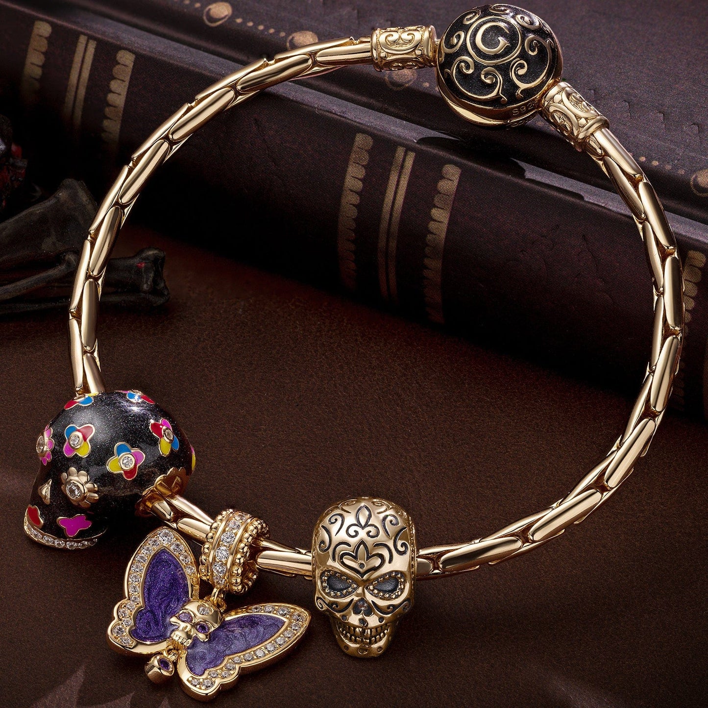 Sterling Silver Butterfly and Skull Charms Bracelet Set With Enamel In 14K Gold Plated (Includes bracelet and all charms shown)