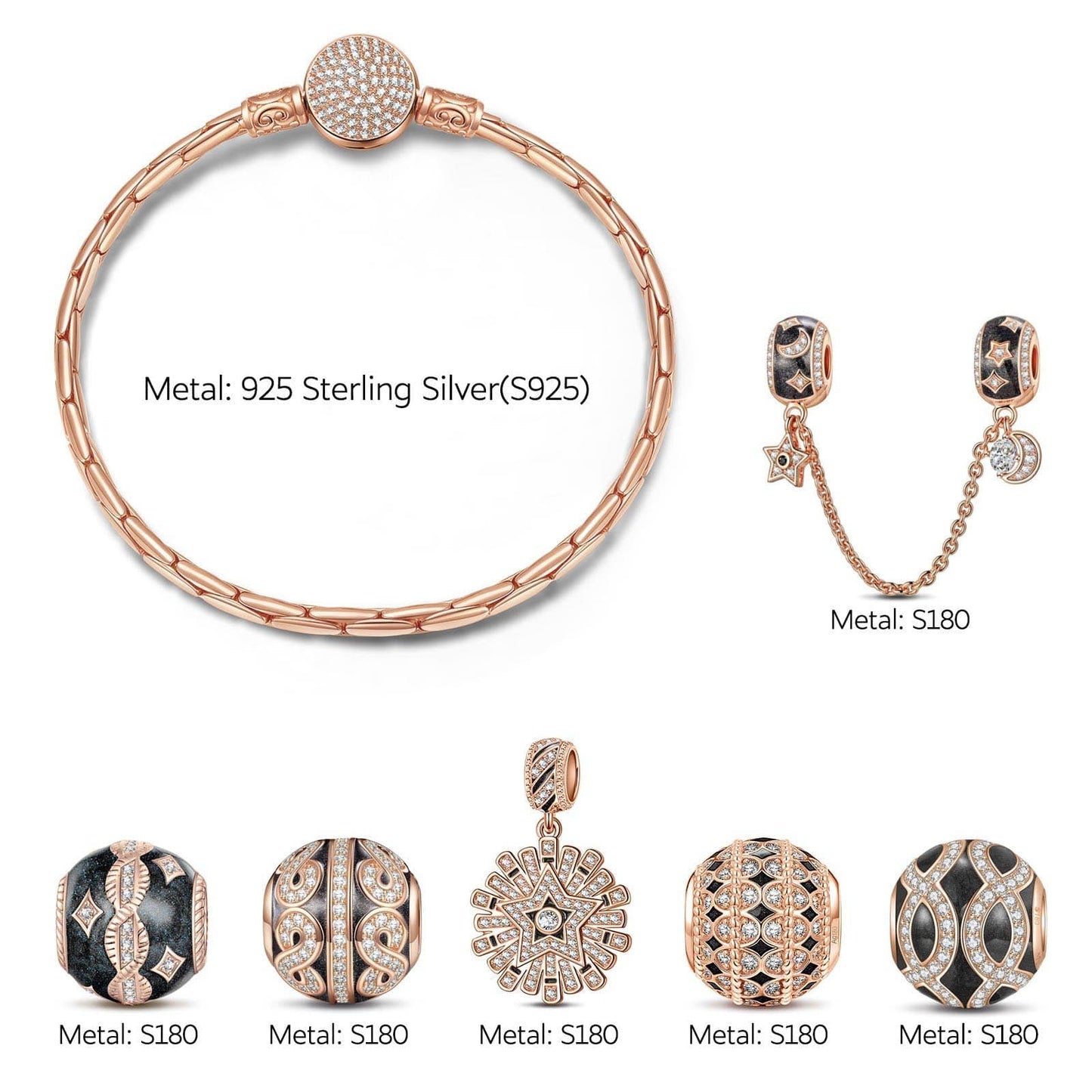 Sterling Silver Infinite Interstellar Bamboo Chain Charms Bracelet Set With Enamel In Rose Gold Plated (Includes bracelet and all charms shown)