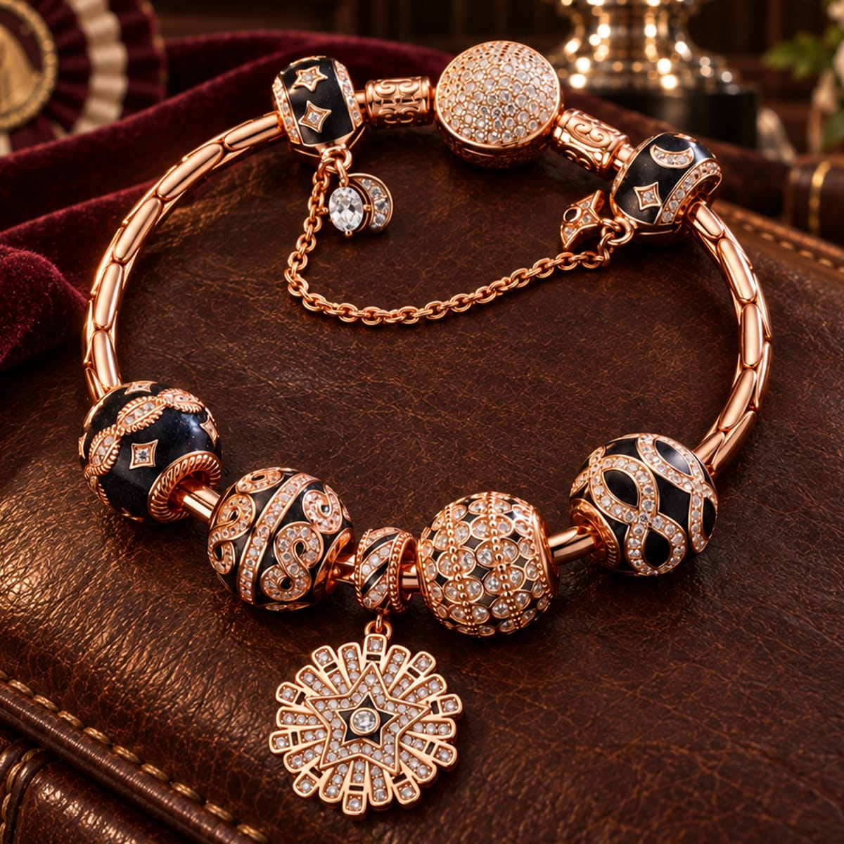 Sterling Silver Infinite Interstellar Bamboo Chain Charms Bracelet Set With Enamel In Rose Gold Plated (Includes bracelet and all charms shown)