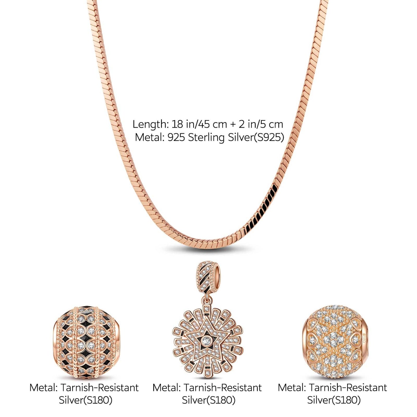 Sterling Silver Infinite Interstellar Box Chain Charms Necklace Set With Enamel In Rose Gold Plated