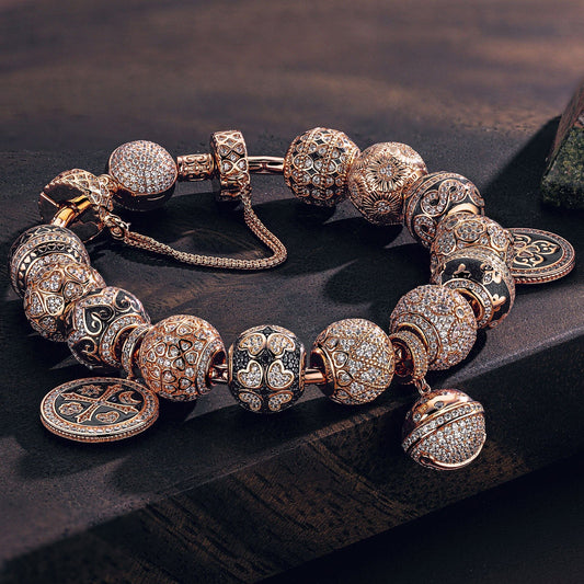 gon- Sterling Silver My Lord, My Glory Bamboo Chain Charms Bracelet Set With Enamel In Rose Gold Plated