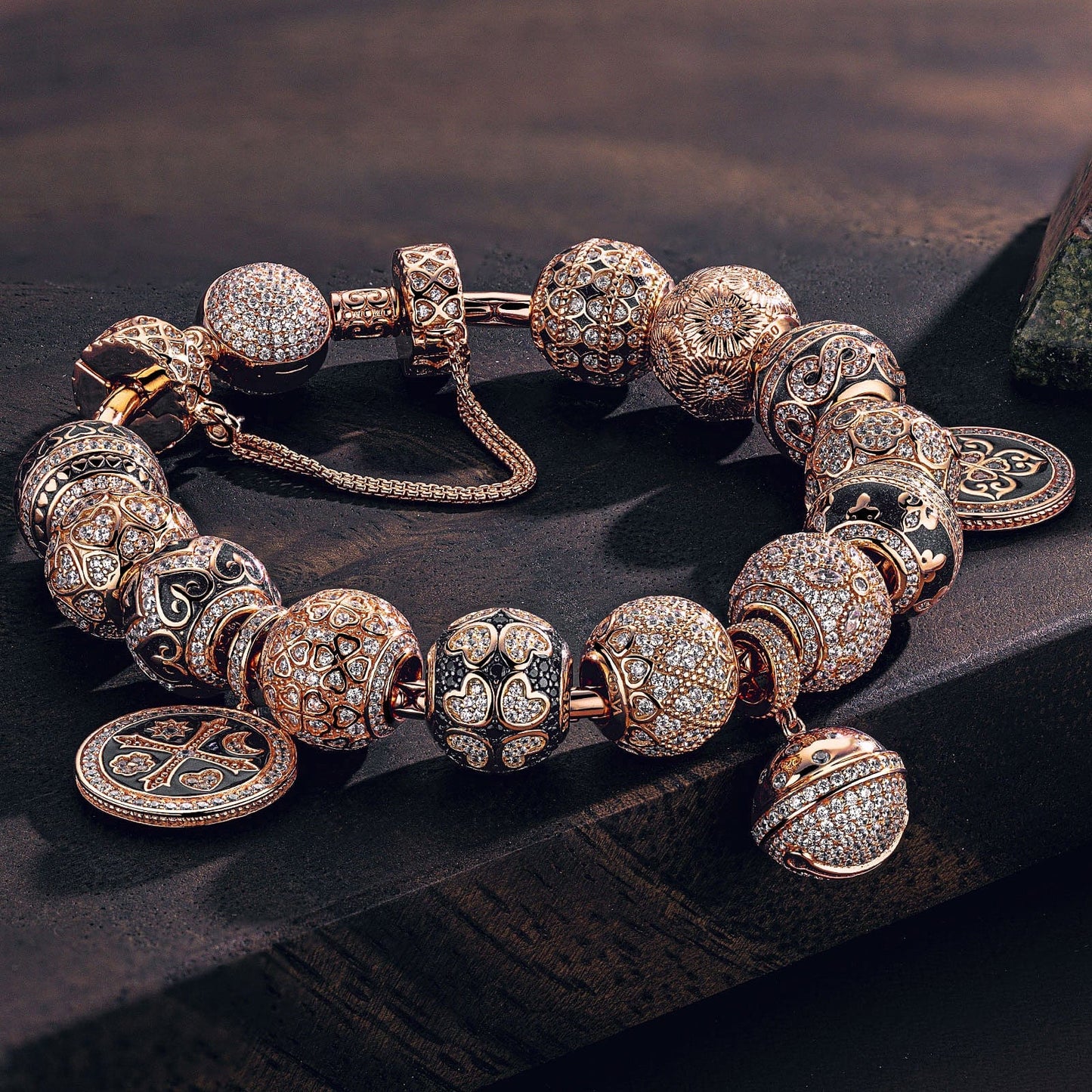Sterling Silver My Lord, My Glory Bamboo Chain Charms Bracelet Set With Enamel In Rose Gold Plated (Includes bracelet and all charms shown)