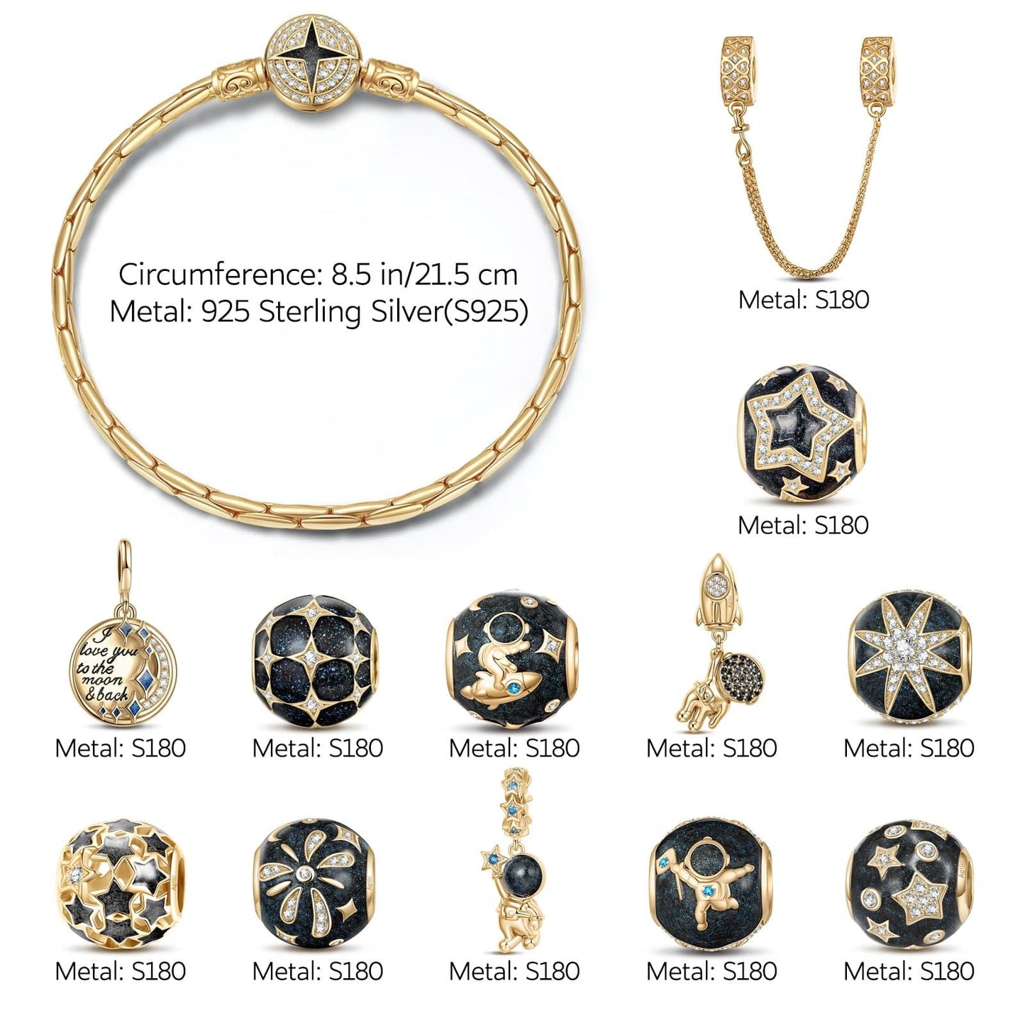 Sterling Silver Astronauts and Stars Bamboo Chain Charms Bracelet Set With Enamel In 14K Gold Plated (Includes bracelet and all charms shown)