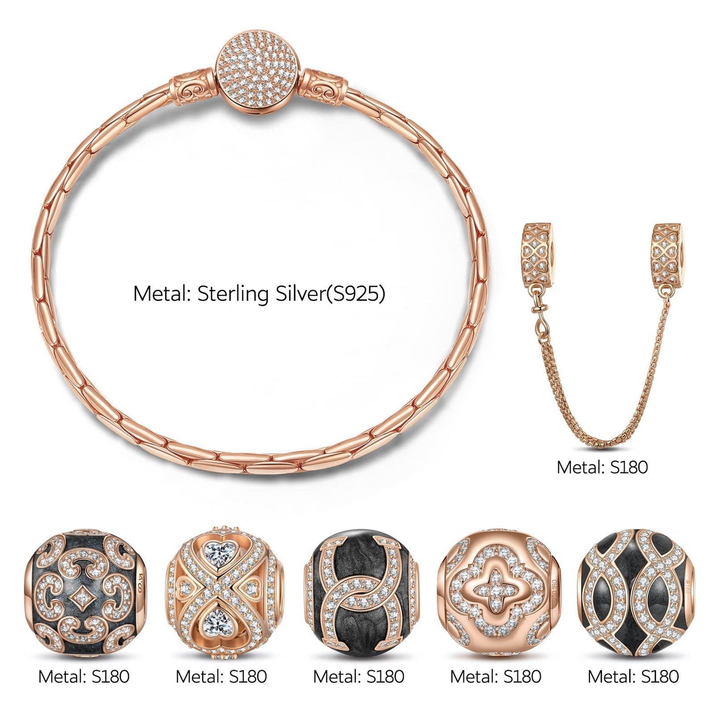 Sterling Silver Hug My Shining Bamboo Chain Charms Bracelet Set With Enamel In Rose Gold Plated (Includes bracelet and all charms shown)