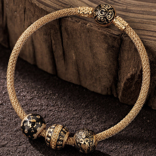 gon- Sterling Silver Skeletal Remnants XL Size Charms Bracelet Set With Enamel In 14K Gold Plated For Men