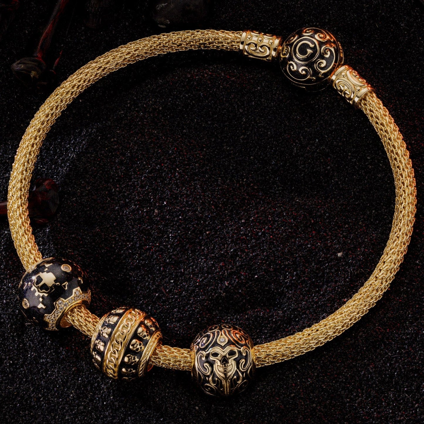Sterling Silver Skeletal Remnants XL Size Charms Bracelet Set With Enamel In 14K Gold Plated For Men