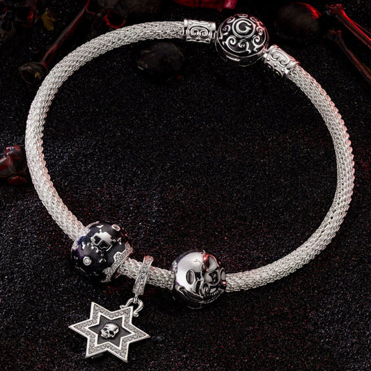gon- Sterling Silver Conflict and Balance XL Size Charms Bracelet Set With Enamel In White Gold Plated For Men
