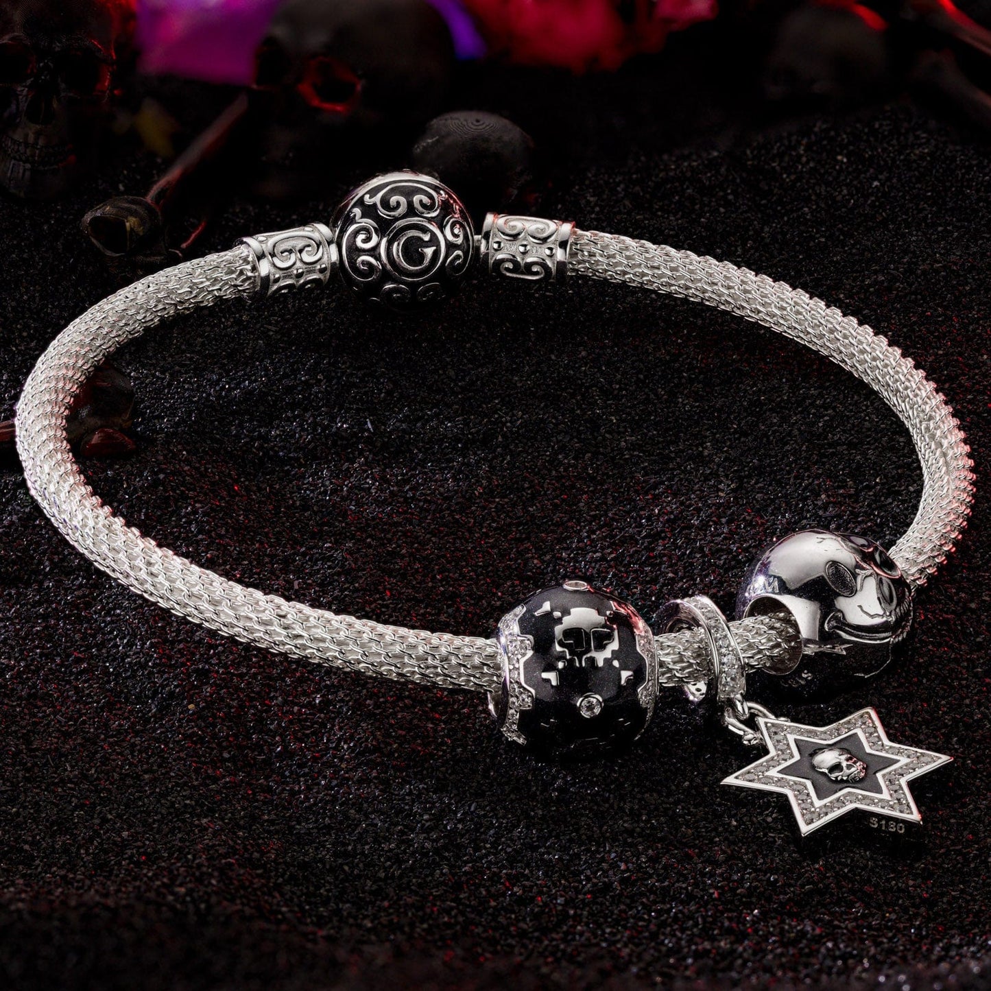 Sterling Silver Conflict and Balance XL Size Charms Bracelet Set With Enamel In Silver Plated For Men