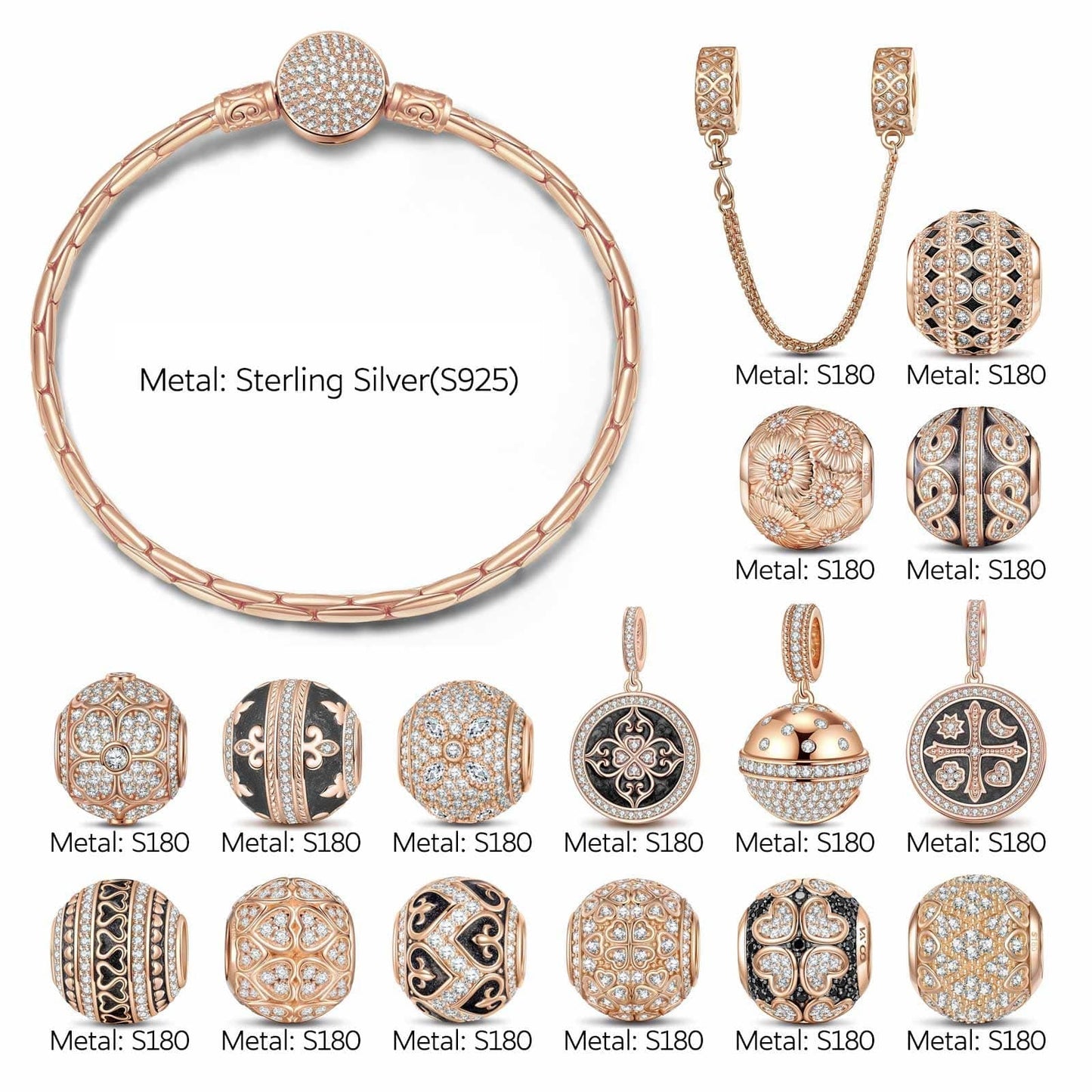Sterling Silver My Lord, My Glory Bamboo Chain Charms Bracelet Set With Enamel In Rose Gold Plated (Includes bracelet and all charms shown)