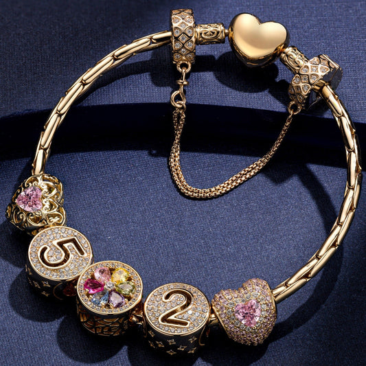 gon- Sterling Silver Romantic Heart October Birthstone Charms Bracelet Set In 14K Gold Plated