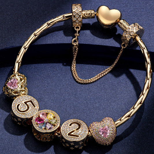 gon- Sterling Silver Romantic Heart October Birthstone Charms Bracelet Set In 14K Gold Plated (Includes bracelet and all charms shown)