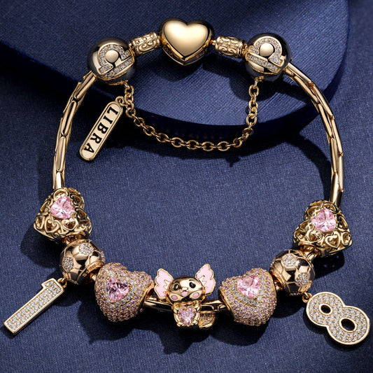 gon- Sterling Silver Lovely Axolotl October Birthstone Charms Bracelet Set With Enamel In 14K Gold Plated