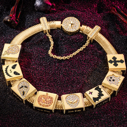 gon- Sterling Silver Halloween Pumpkin Rectangular Charms Bracelet Set With Enamel In 14K Gold Plated